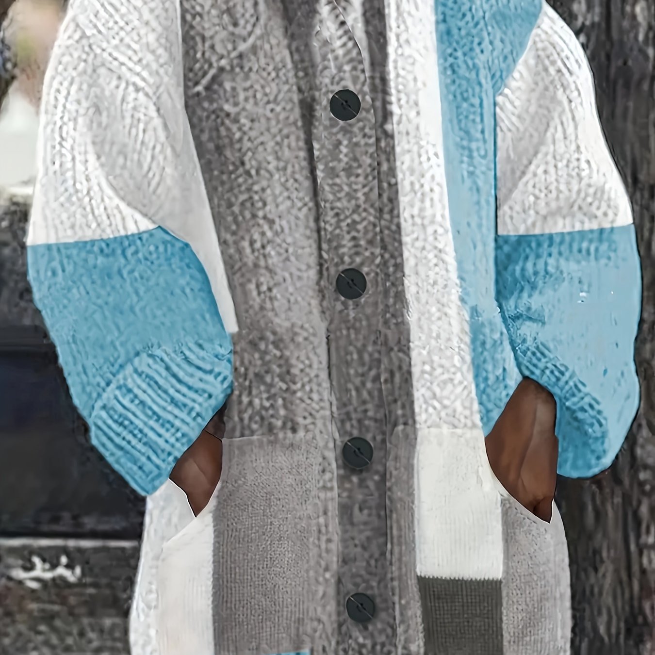 Cardigan de mujer talla grande con capucha, suéter de punto con bloques de color y bolsillos