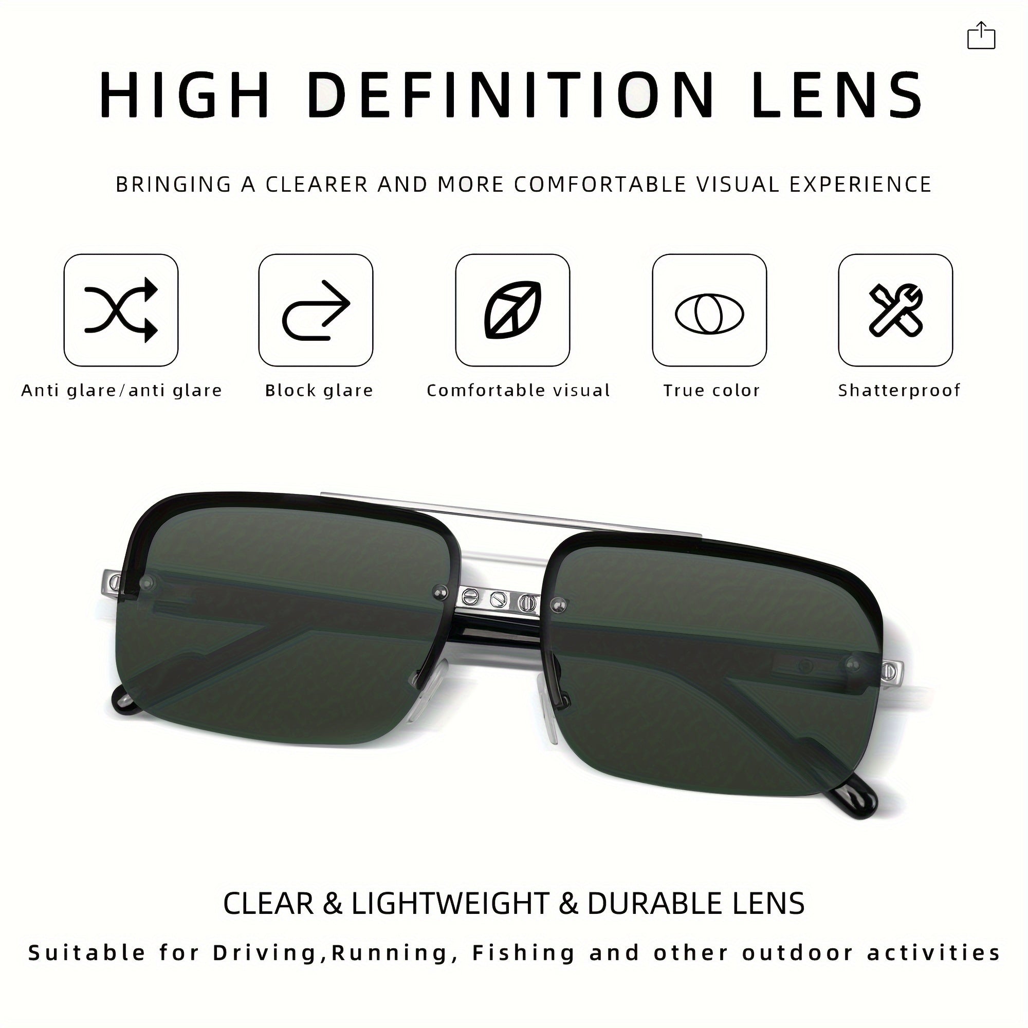 Men's Square Pilot Glasses Metal Frame Driving Travel Fashion