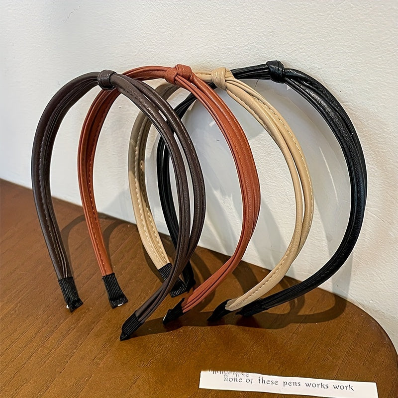 Women's PU Leather Hairbands Set of 5 Wide Side Headbands with Cross Knot Design