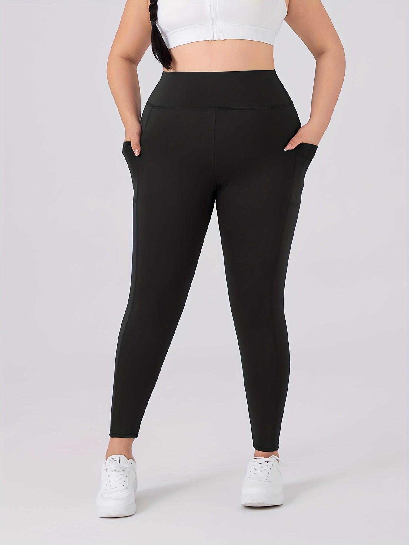 Plus Size Women Solid High-Waisted Leggings Stretchy Pockets Casual