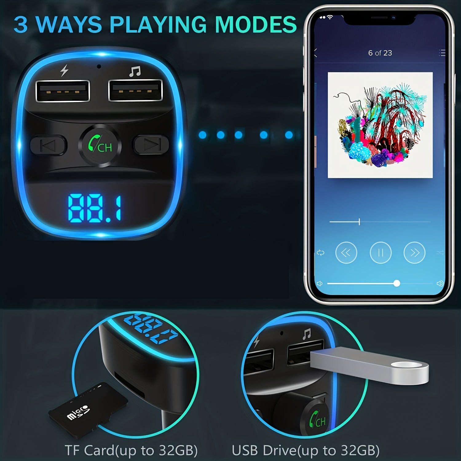 Wireless FM Transmitter Car Kit Dual USB Charging MP3 Player TF Card