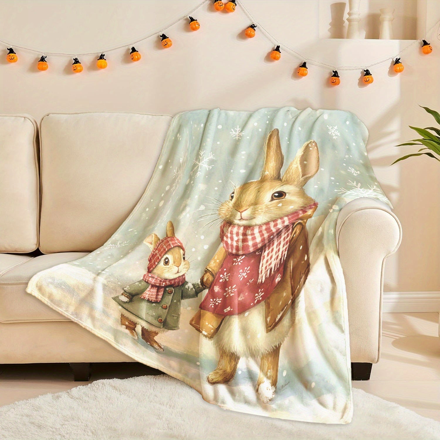 Rabbit Themed Fleece Throw Blanket Soft Lightweight Cozy for Naps Travel Home Decor