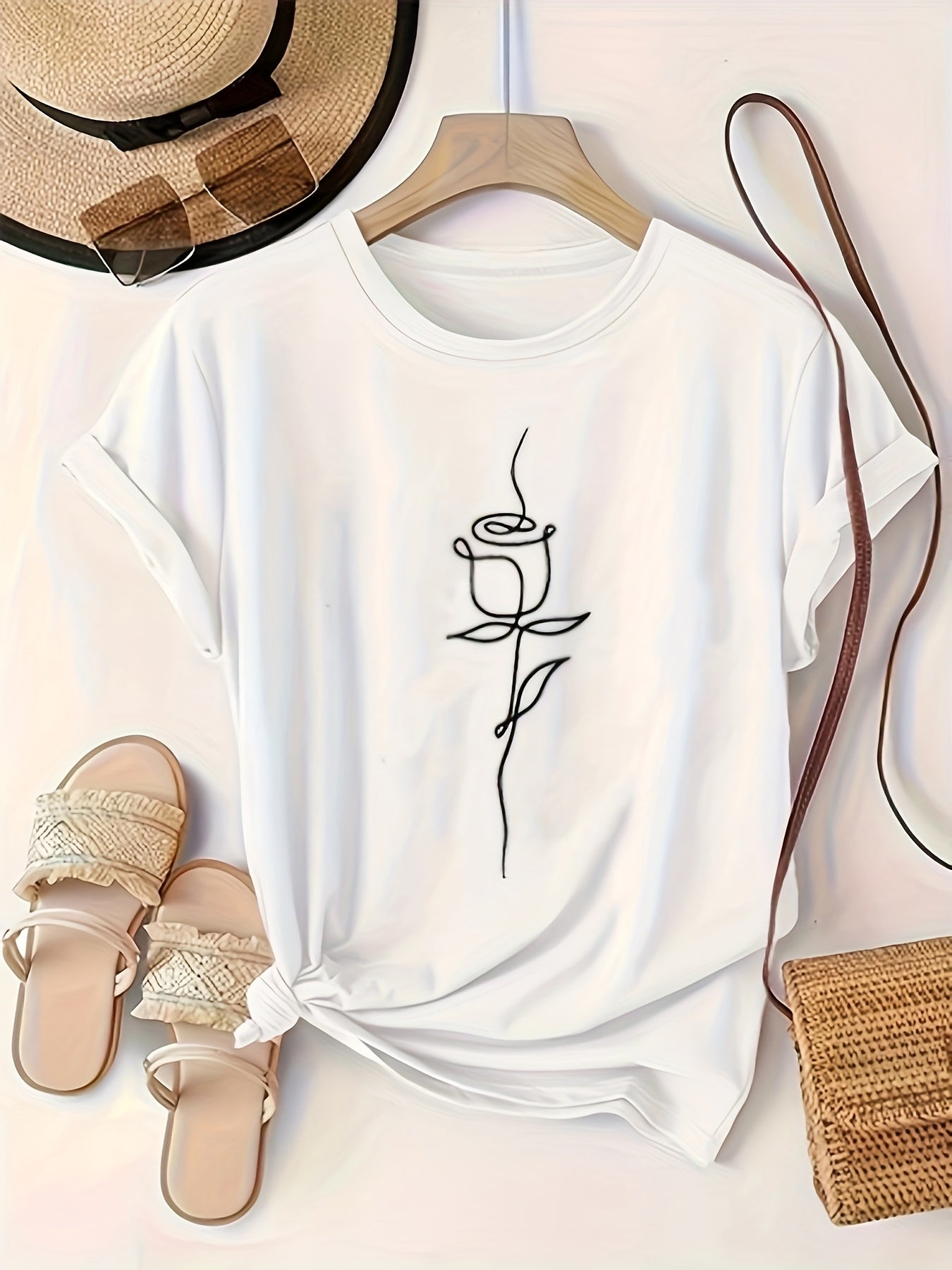 Women's Plus Size Rose Print Short Sleeve T-Shirt Breathable Summer Top