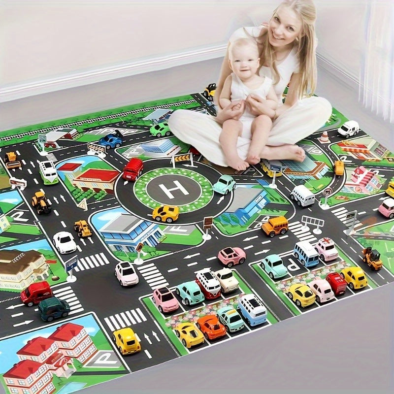 Large Green City Traffic Play Mat for Kids Waterproof Non-Woven Fabric Educational Vehicle Road Sign