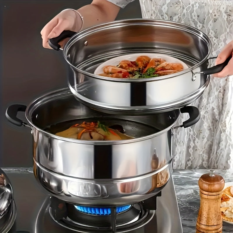 Stainless Steel Double-Layer Steamer Pot with Lid for Induction Cooktops