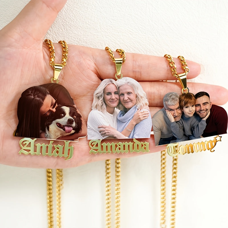 Collar de fotos de acero inoxidable chapado en oro de 18 quilates personalizado con nombre grabado para el Día de la Madre, Día del Padre y Navidad