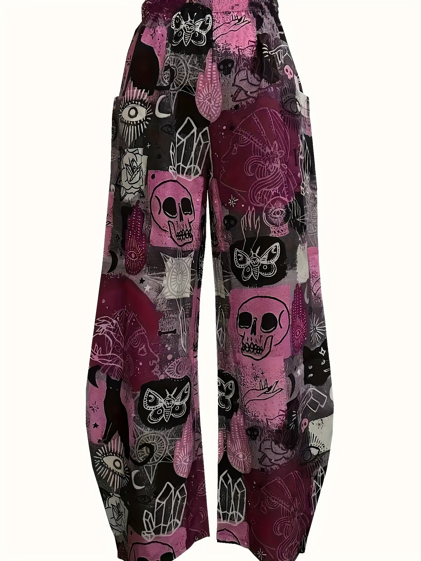Pantalones casuals de mujer de talla grande con estampado de dibujos animados de corte holgado, de pierna ancha, en negro y rosa con calavera y floral