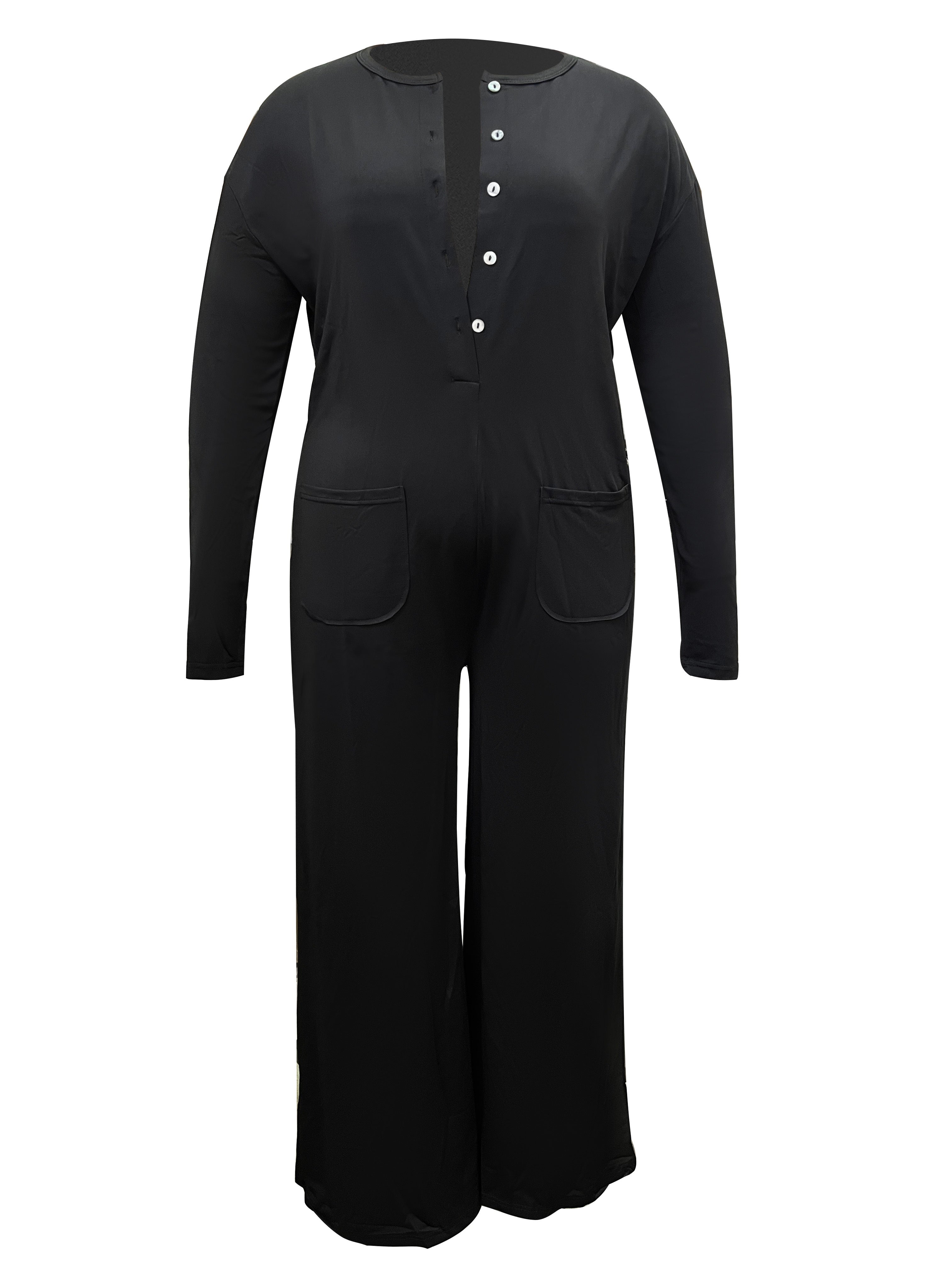 Women's Black Wide-Leg Lounge Jumpsuit with Pockets and Machine Washable