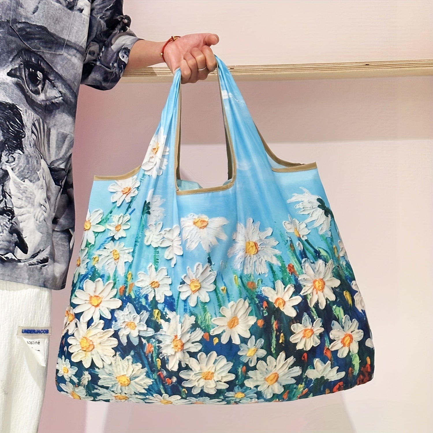 Reusable Foldable Grocery Tote Bag with Flower Oil Painting Pattern and Machine Washable