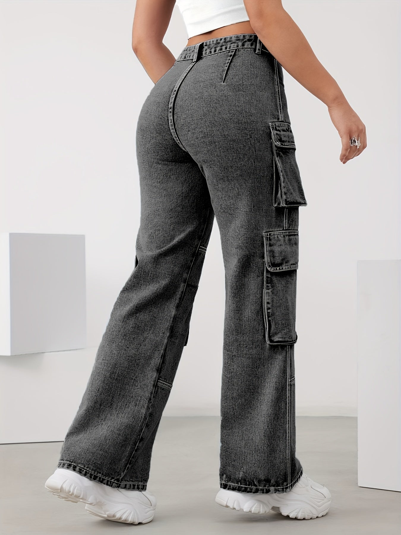 Plus Size Cargo Jeans Women High Waist Wide Leg Denim Spring Summer