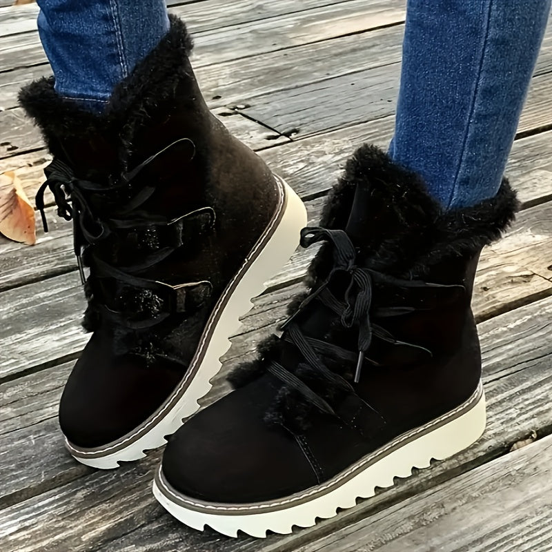 Women's Plush Lined Snow Boots Solid Color Lace-Up Warm Mid-Calf Outdoor Anti-Slip