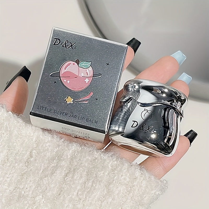 Bálsamo labial con sabor a durazno para unisex con frasco plateado que humecta los labios antes del maquillaje