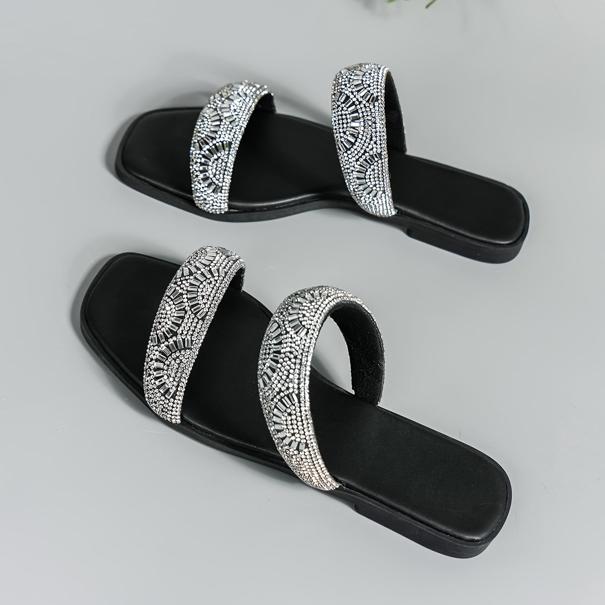 Women's Flat Sandals Soft Sole Glitter Rhinestone Double Strap Summer Casual