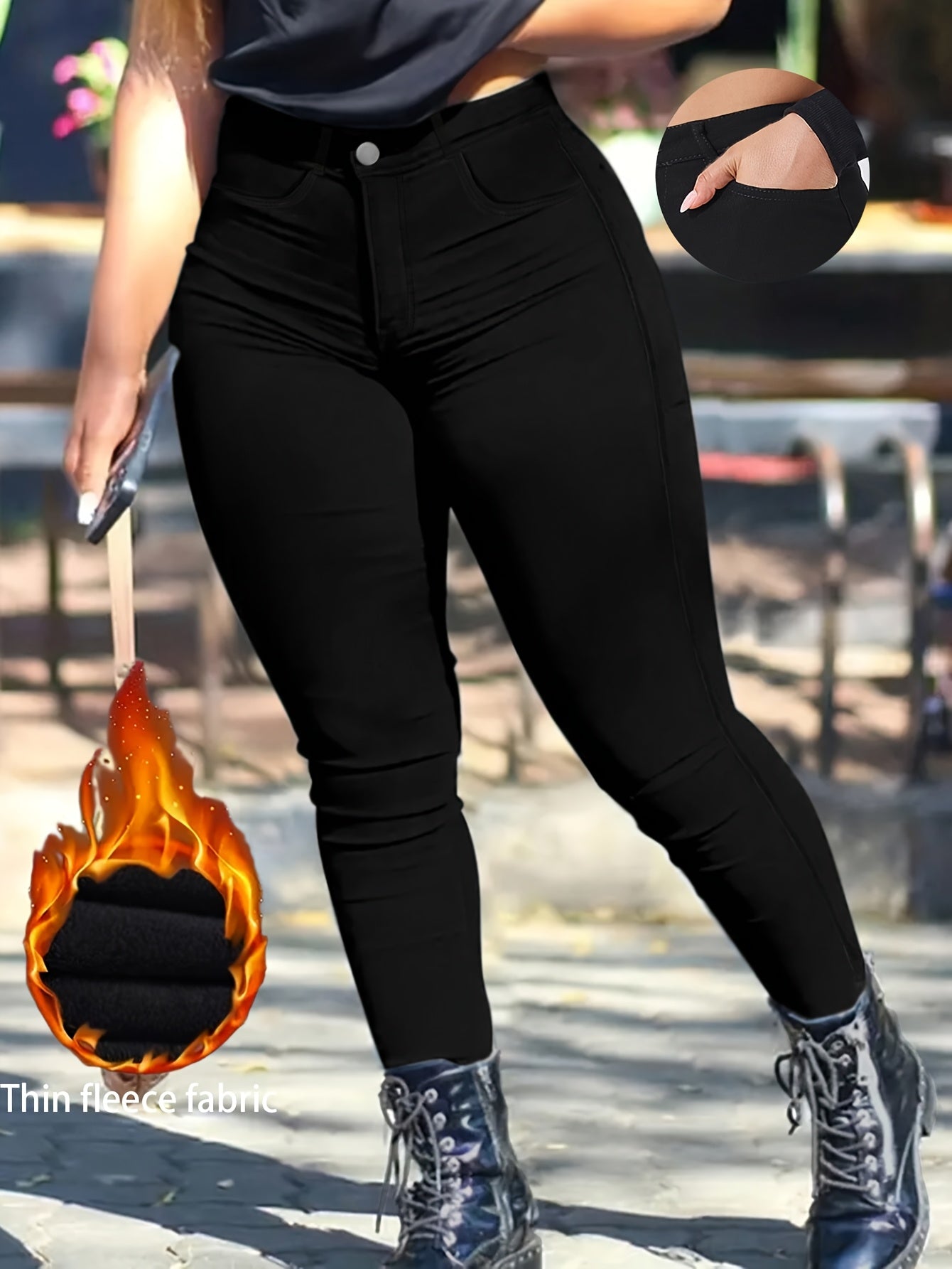 Ayollar uchun kattaroq o'lchamli fleece-ichki yupqa fit jinsilar, issiq qishli, bir rangli