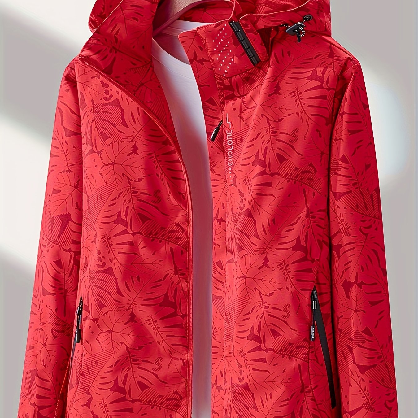 Women's Waterproof Windbreaker Jacket with Zipper Stand Collar and Random Print