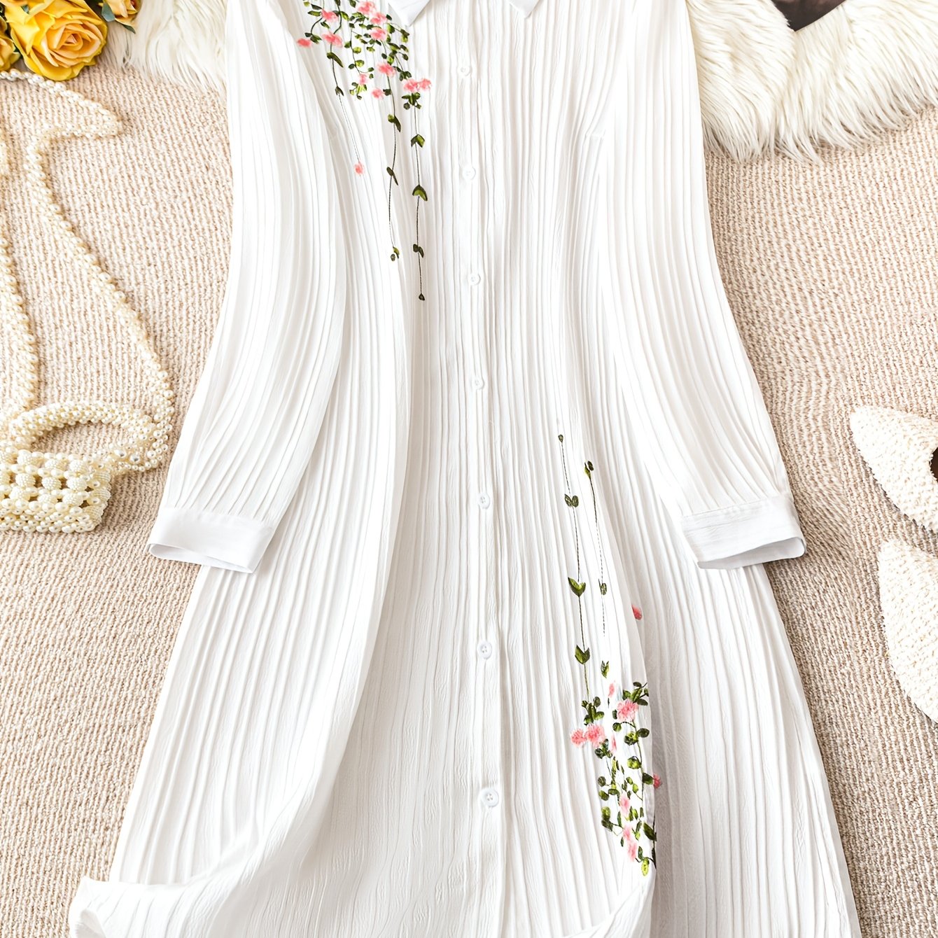 Plus Size Women's Dress with Floral Embroidery Long Sleeves Wave Stripe Design