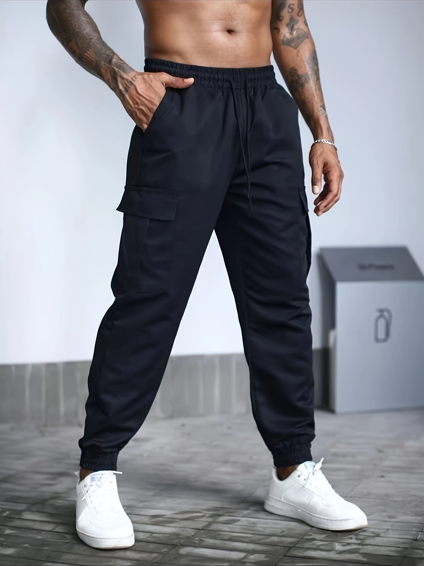 Plus Size Men's Cargo Joggers with Pockets Solid Woven Polyester Casual All-Season