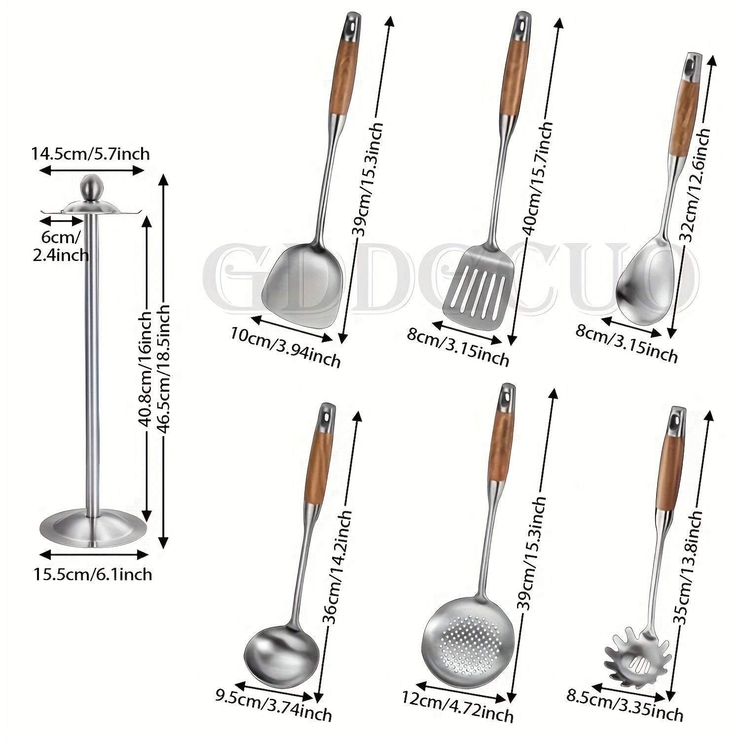 Seven-Piece Stainless Steel Cooking Utensil Set with Rotating Storage Stand