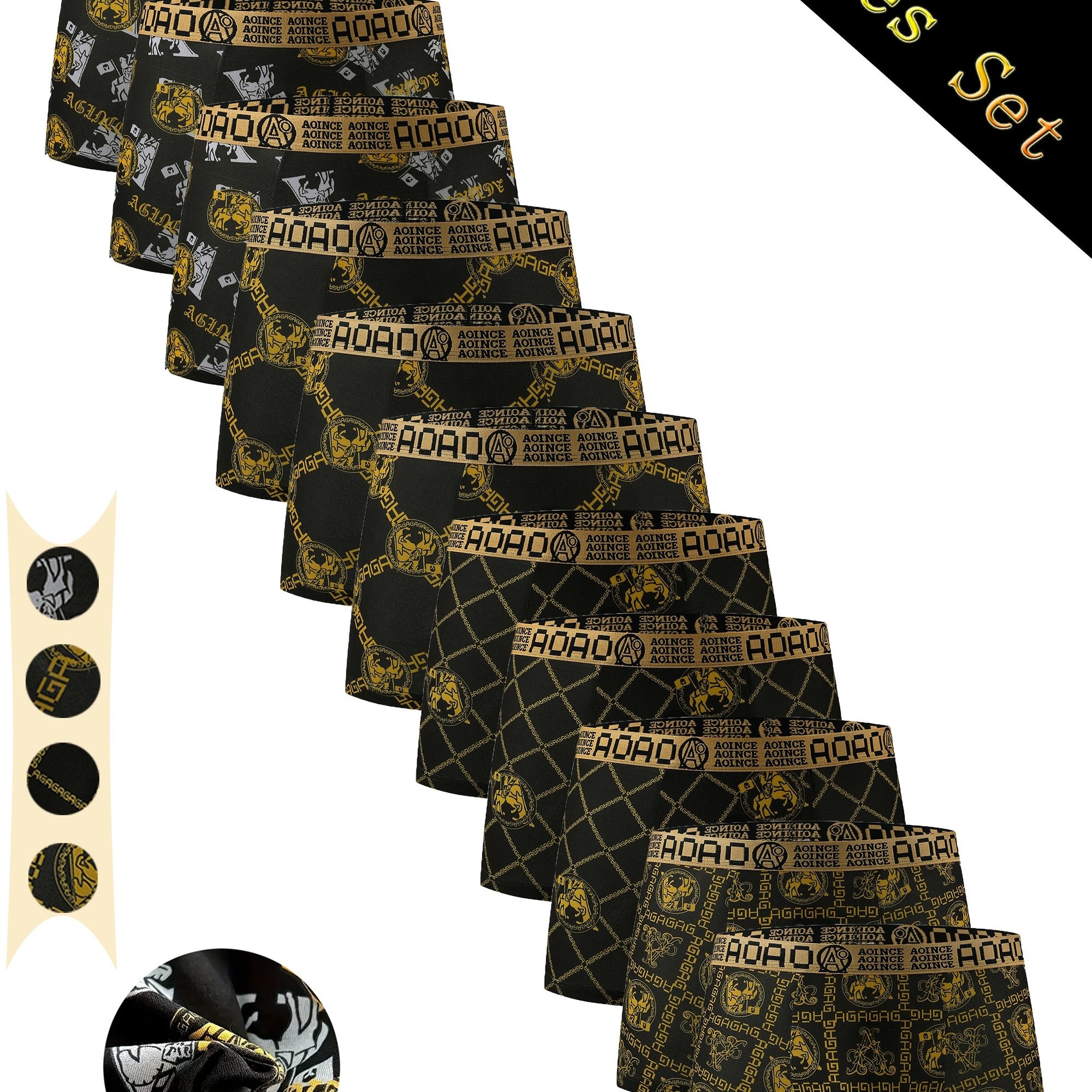 Men's Boxer Briefs Set 11 Black and Gold Geometric Pattern Breathable Polyester Spandex