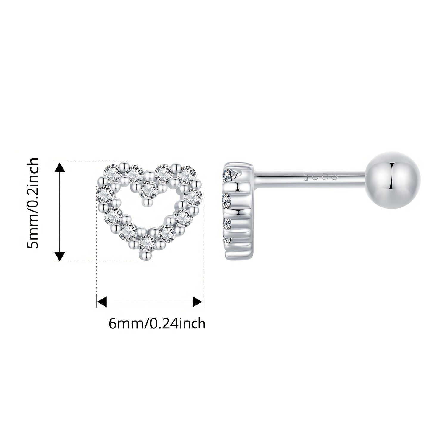 Sterling Silver Heart-Shaped Stud Earrings with Cubic Zirconia for Women