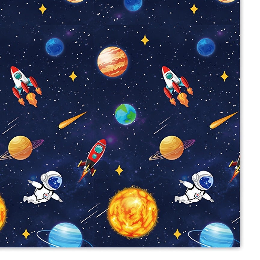 Kosmonavt va sayyoralar dizayni bilan bir marta ishlatiladigan stol qopqog'i, kosmik mavzuli partiyalar uchun ideal. To'rtburchaklar shakli bilan plastmassadan tayyorlangan.