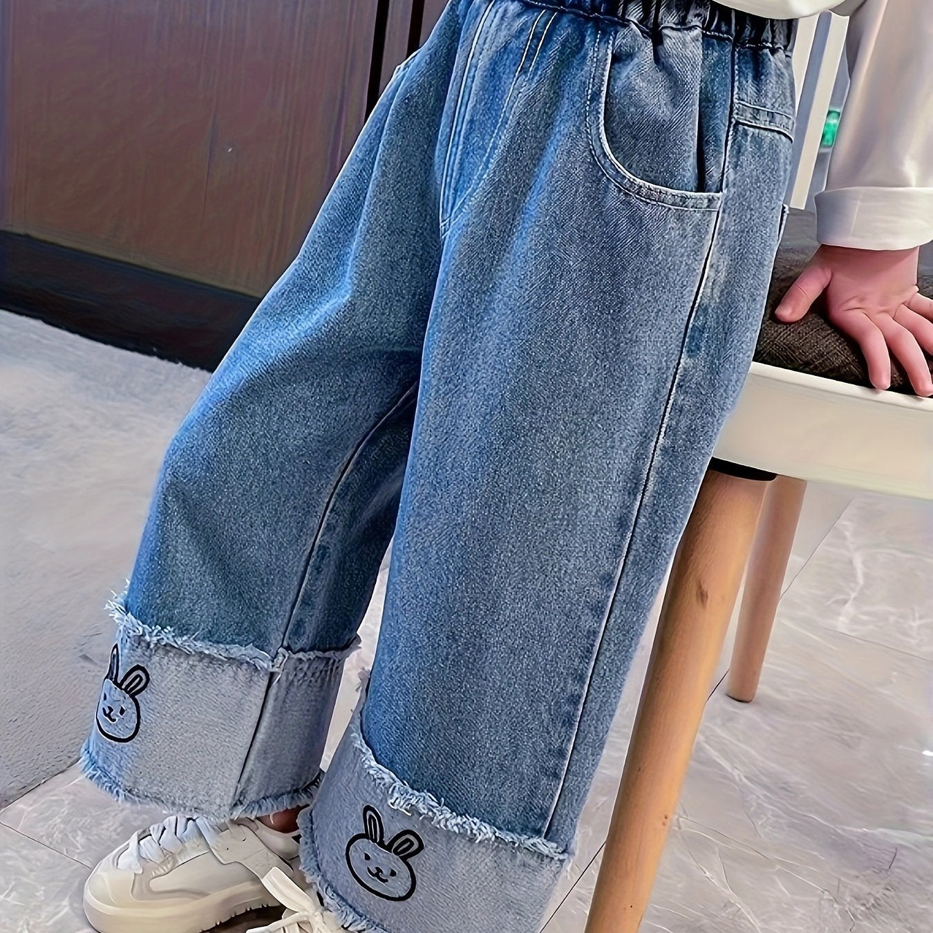 Girls' Kids Jeans Wide Leg Cotton Blend with Bunny Print Elastic Waist Pockets