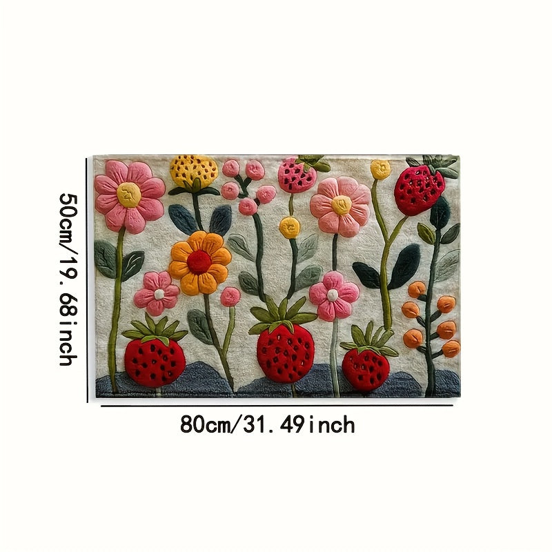 3D Floral Pattern Strawberry Bath Mat Ultra Soft Faux Velvet Absorbent Non-Slip