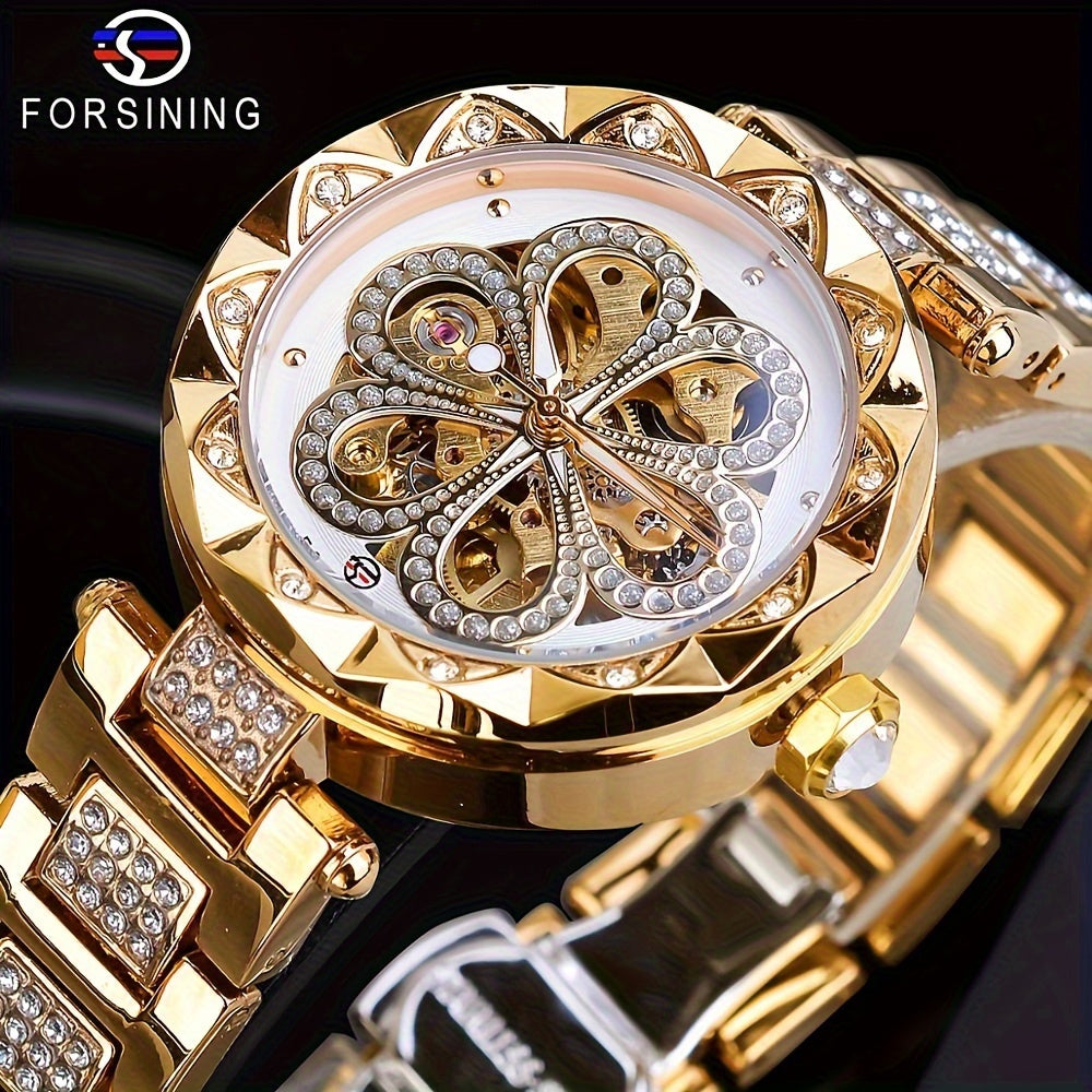 Women's Mechanical Watch Rhinestone Flower Skeleton Stainless Steel Wristband