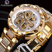 Women's Mechanical Watch Rhinestone Flower Skeleton Stainless Steel Wristband