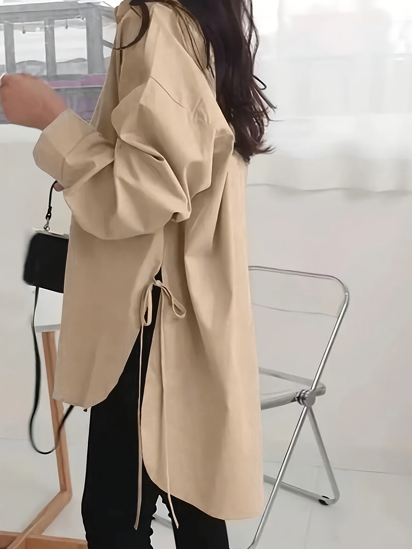 Women's Polyester Long Sleeve Drop Shoulder Shirt Beige Casual Fall Winter