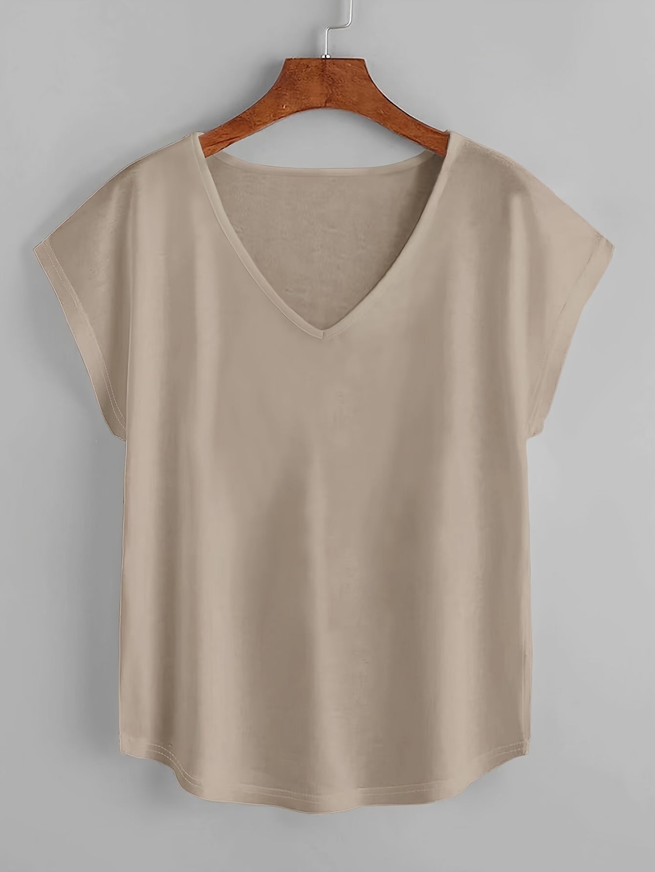 Camiseta de manga corta de color sólido para mujer, cuello en V, para primavera y verano, casual