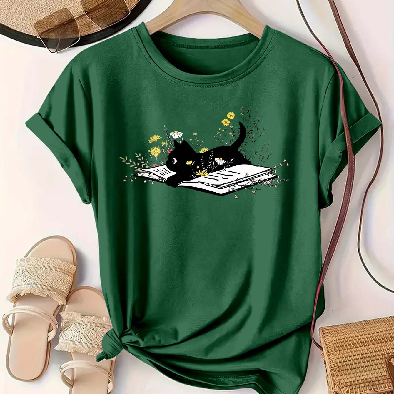 Women’s Cotton T-Shirt With Cat and Flower Print, Soft, Comfortable, Casual Top