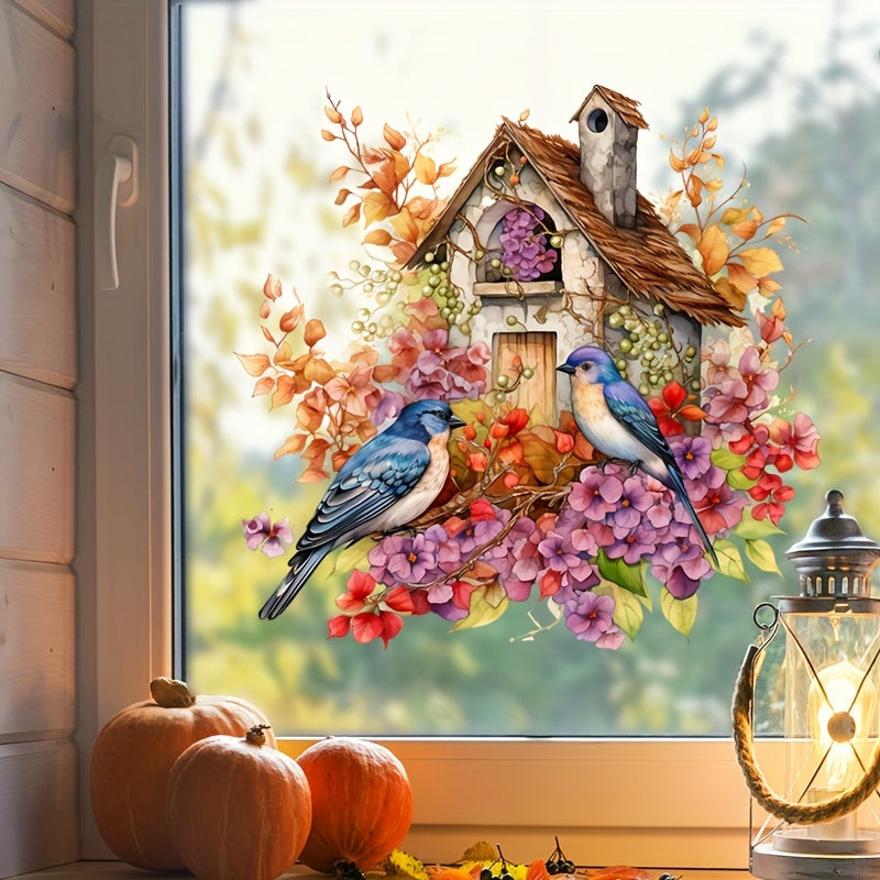 Matte Finish Vinyl Sticker Blue Birds Floral Birdhouse Decor 30cm