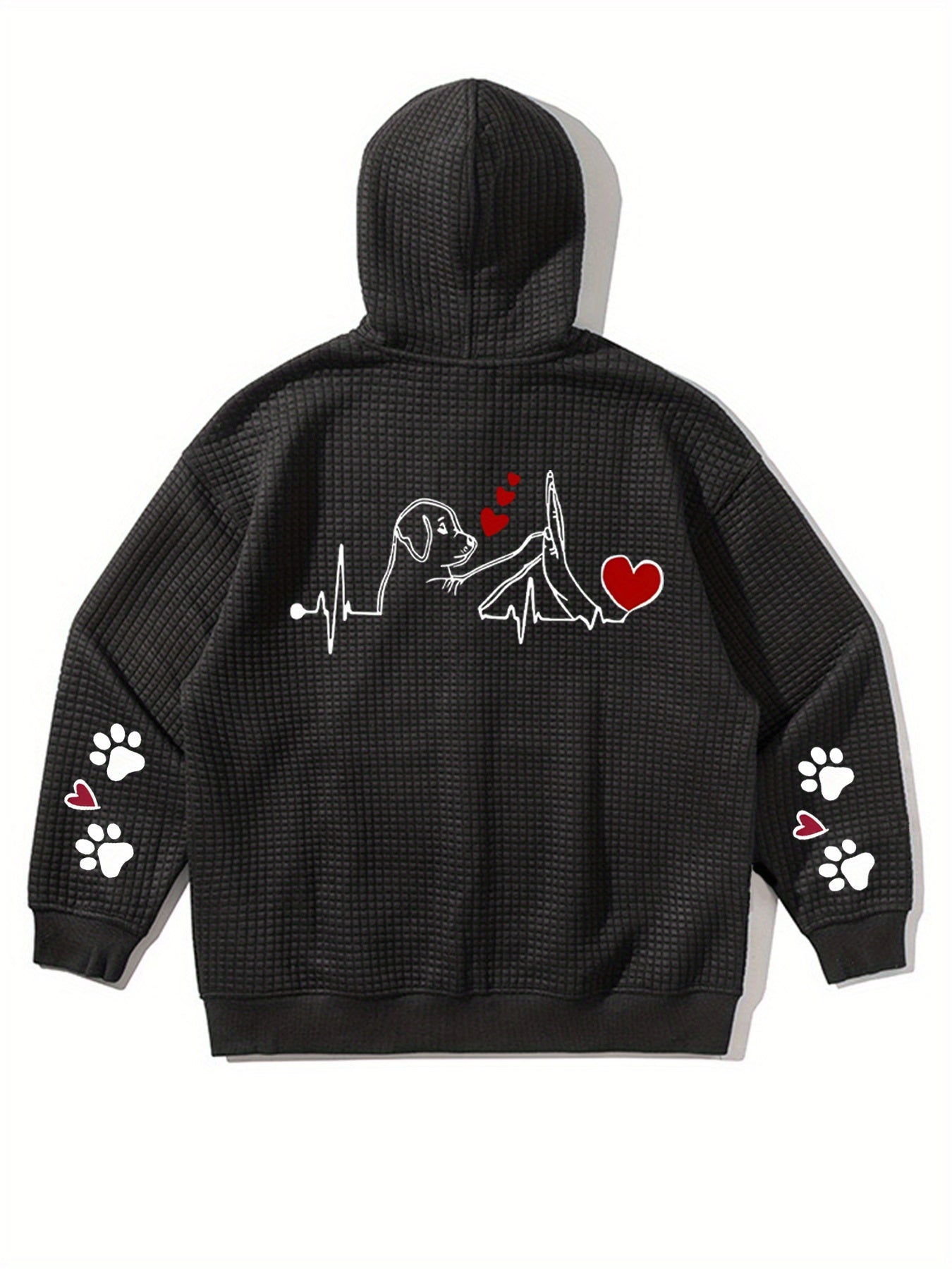 Women's Waffle Knit Hooded Jacket Black White Dog Print Casual Lightweight Outerwear