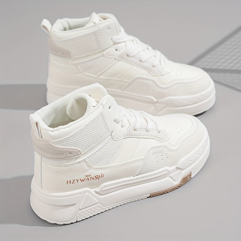 Women's White High-Top Sneakers, Fashionable Skateboarding Shoes
