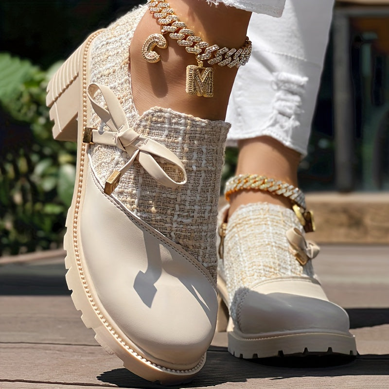 Women's Colorblock Dress Shoes with Bowknot Zipper Chunky Heel