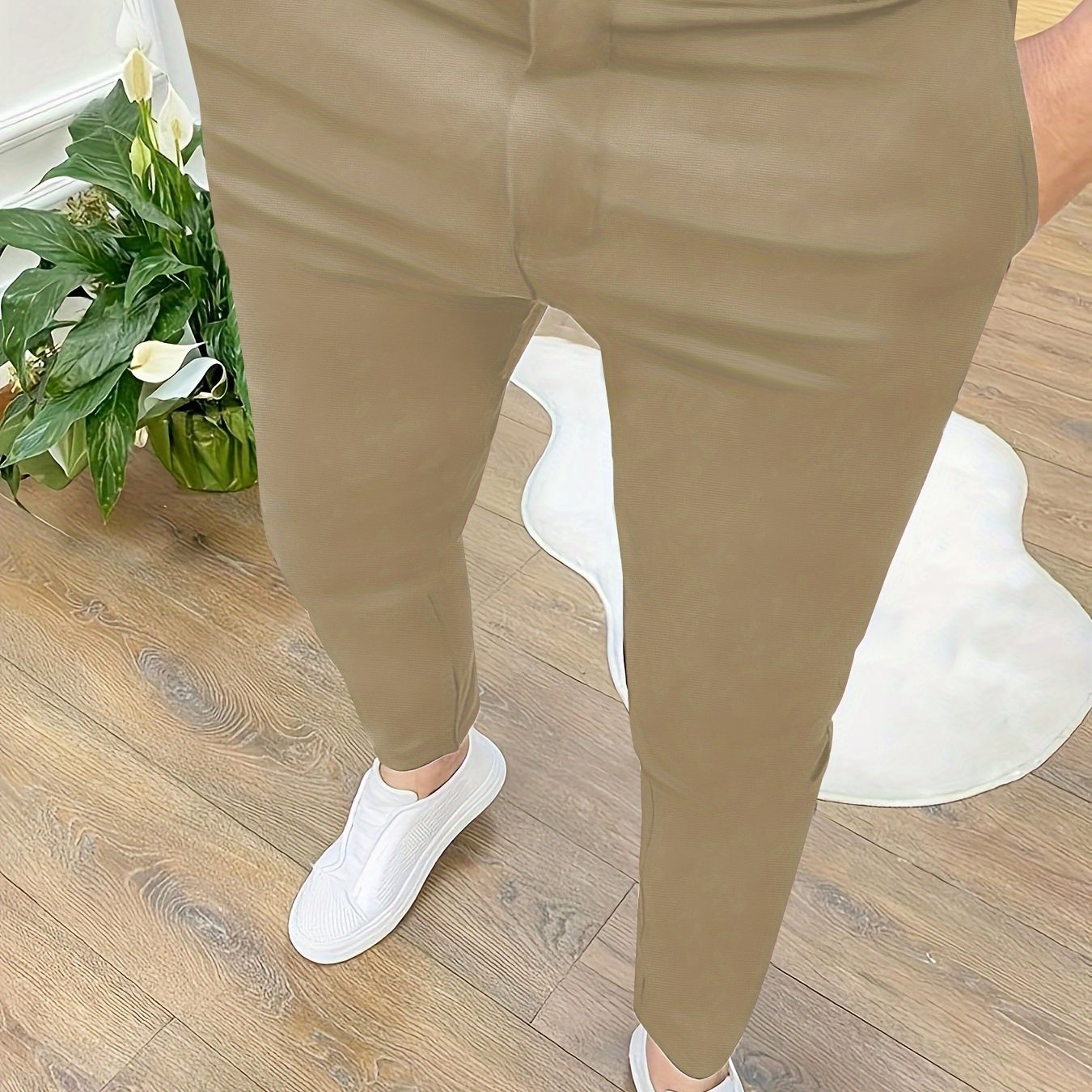 Men's Skinny Fit Polyester Knit Pants with Zipper Detail for All Seasons