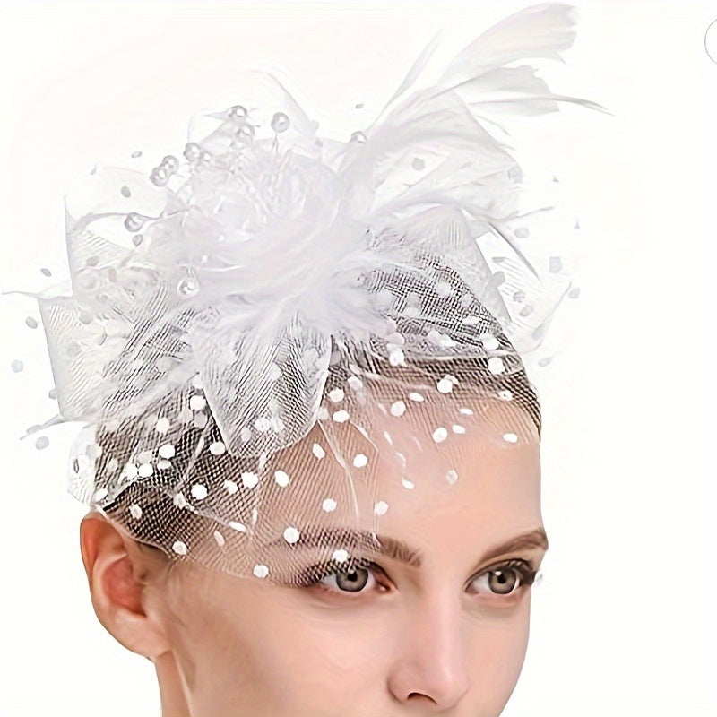 Black Yarn Pillbox Fascinator Hat with Mesh Veil and Fiber Feather for Women