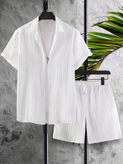Plus Size Men's Summer Solid Striped Casual Lapel Button-Up Shirt and Drawstring Shorts Set