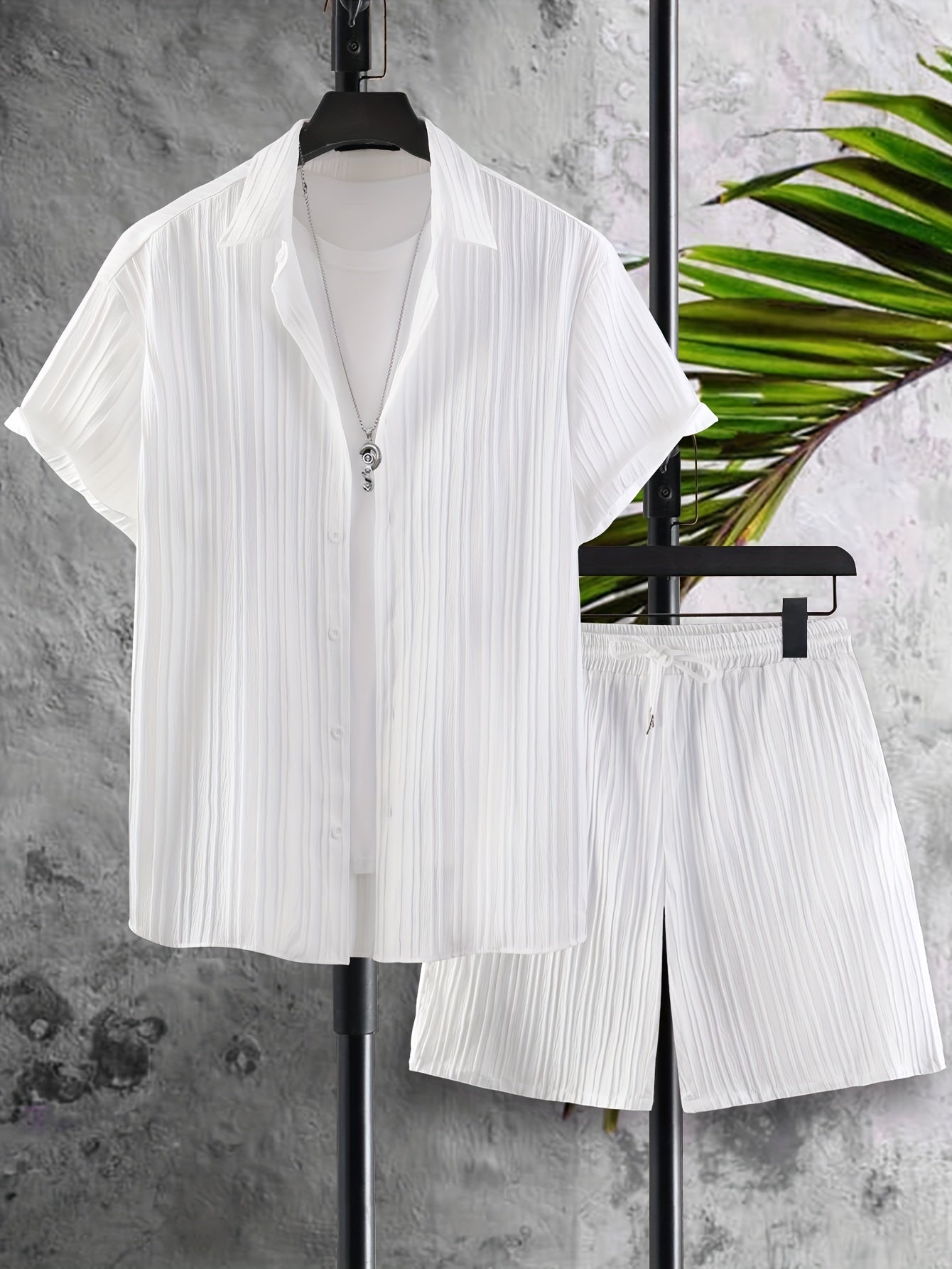 Plus Size Men's Summer Solid Striped Casual Lapel Button-Up Shirt and Drawstring Shorts Set