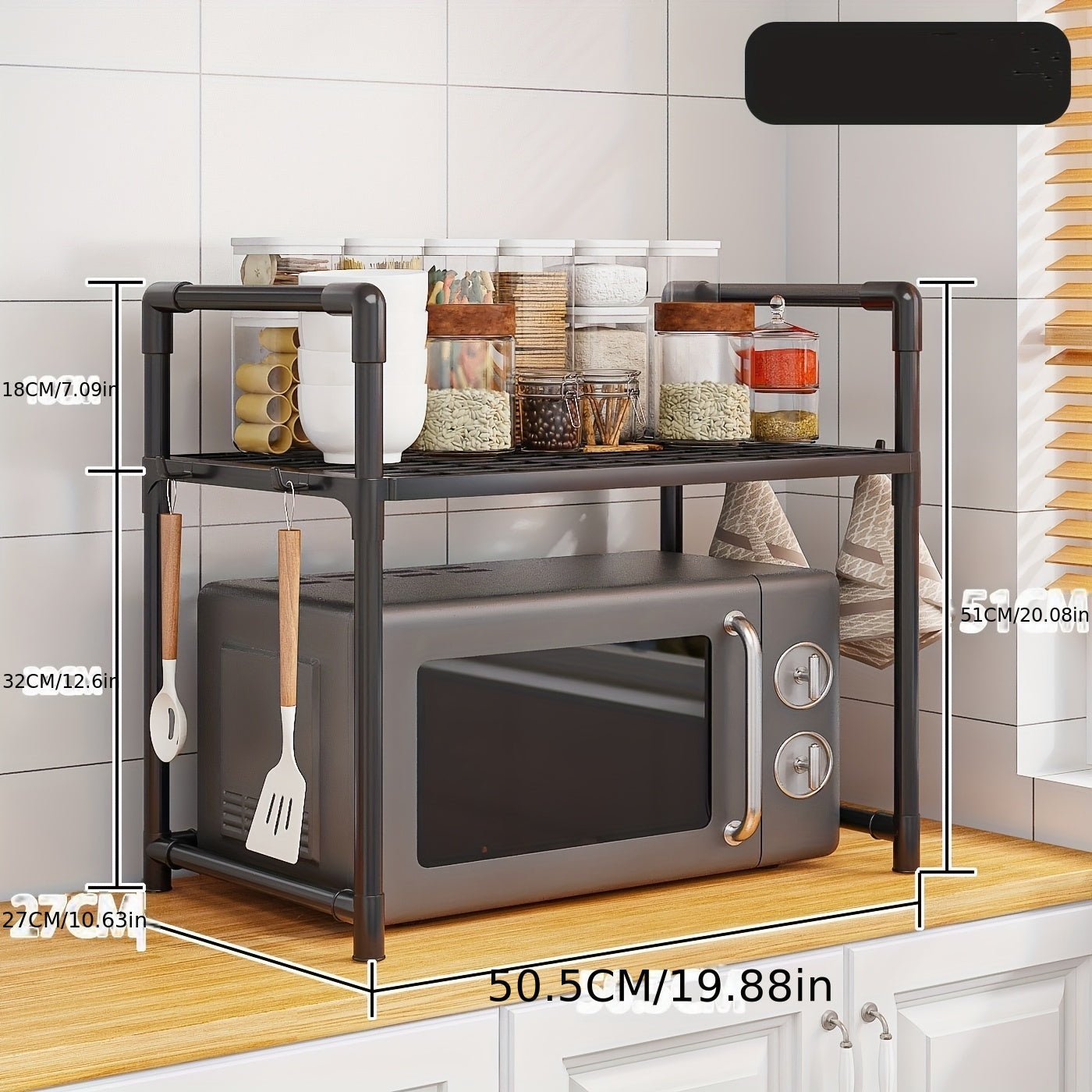 Estante organizador de cocina ajustable de 3 niveles, plástico y metal, para almacenamiento en encimera de horno microondas