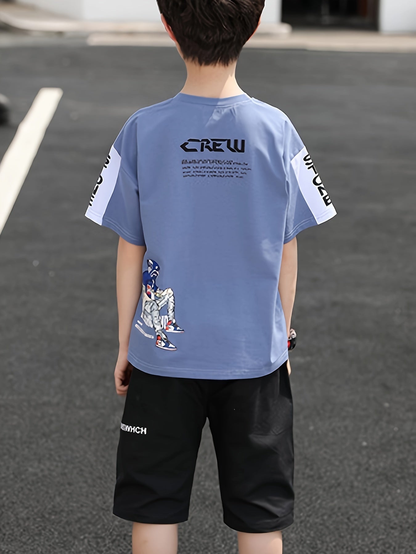 Yigitlar uchun paxta harf grafikasi T-shirt va shortlar to'plami, yoz uchun, 12 yosh va undan kichik bolalar