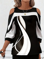 Plus Size Women's Off-Shoulder Floral Print T-Shirt Black White Summer Casual