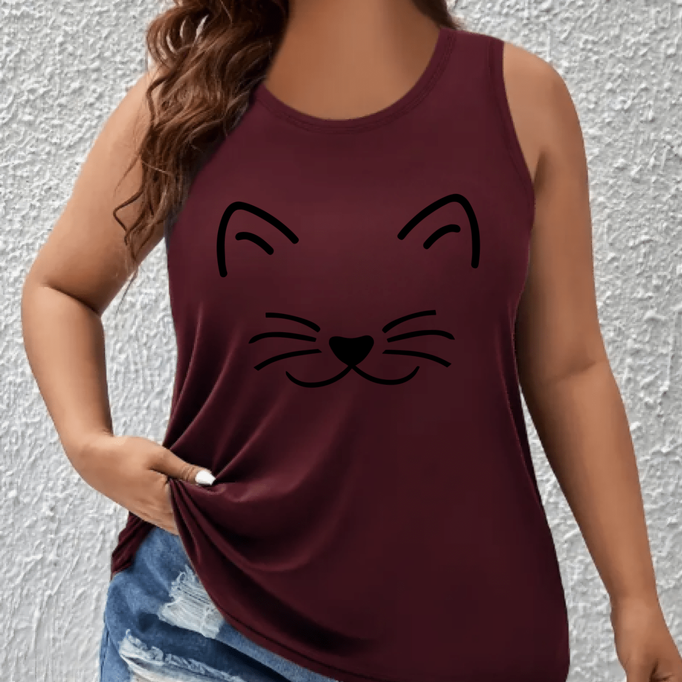 Women's Plus Size Off-Shoulder Vest Top with Cat Print Breathable Stretchy Summer Tank