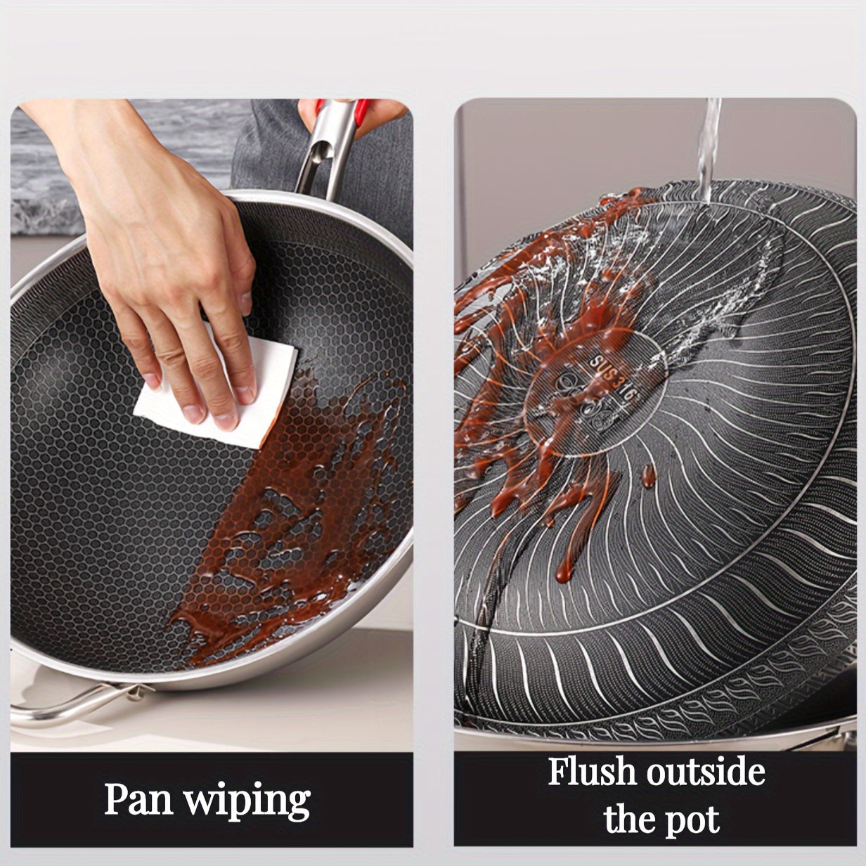 Stainless Steel Frying Pan 32cm 34cm Non-Stick Honeycomb Wok Induction Gas Stove