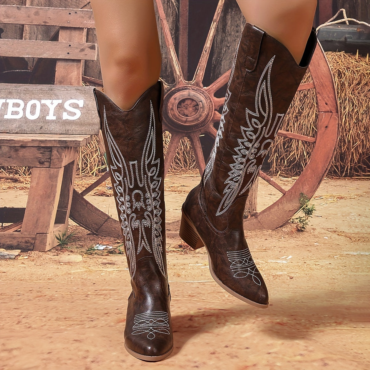 Women's Leather Chunky Heel Pointed Toe Knee-High Western Boots