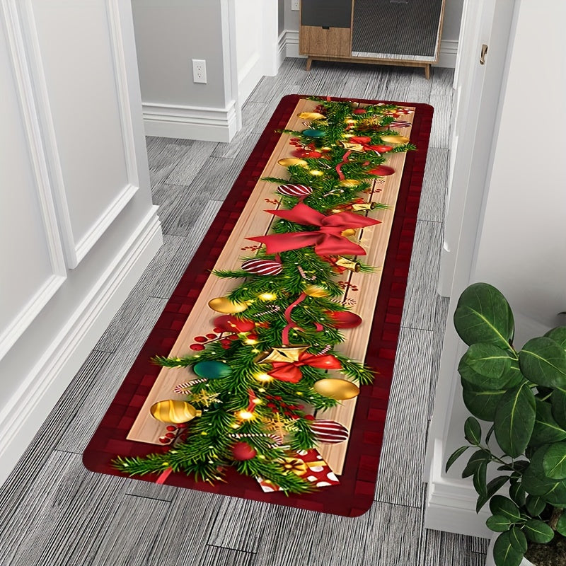Christmas Runner Rug Festive Tree Ornaments Non-Slip Stain Resistant Hallway Decor