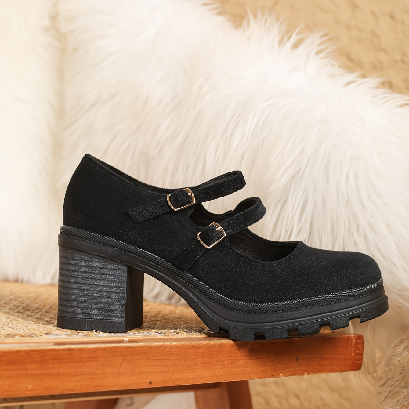 Women's Retro Chunky Heel Mary Jane Dance Shoes Beige Platform Slip-On Loafers