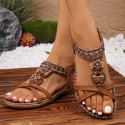 Women's Bohemian Ethnic Ankle Strap Sandals Open-Toe Flat Casual Summer