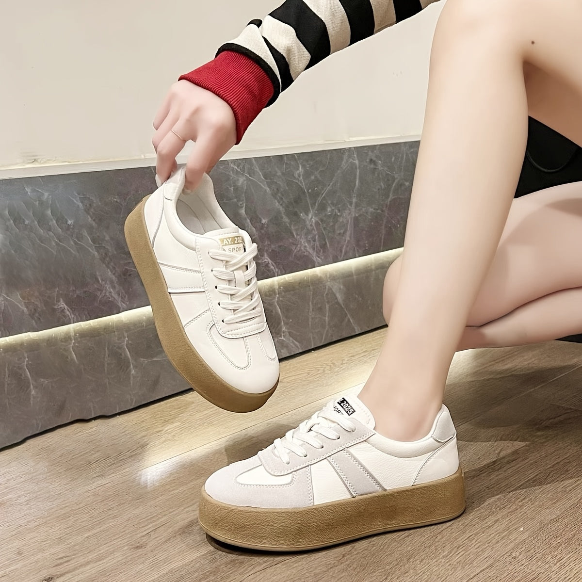Women's Chunky Platform Sneakers White Brown Casual Lace-Up Shoes